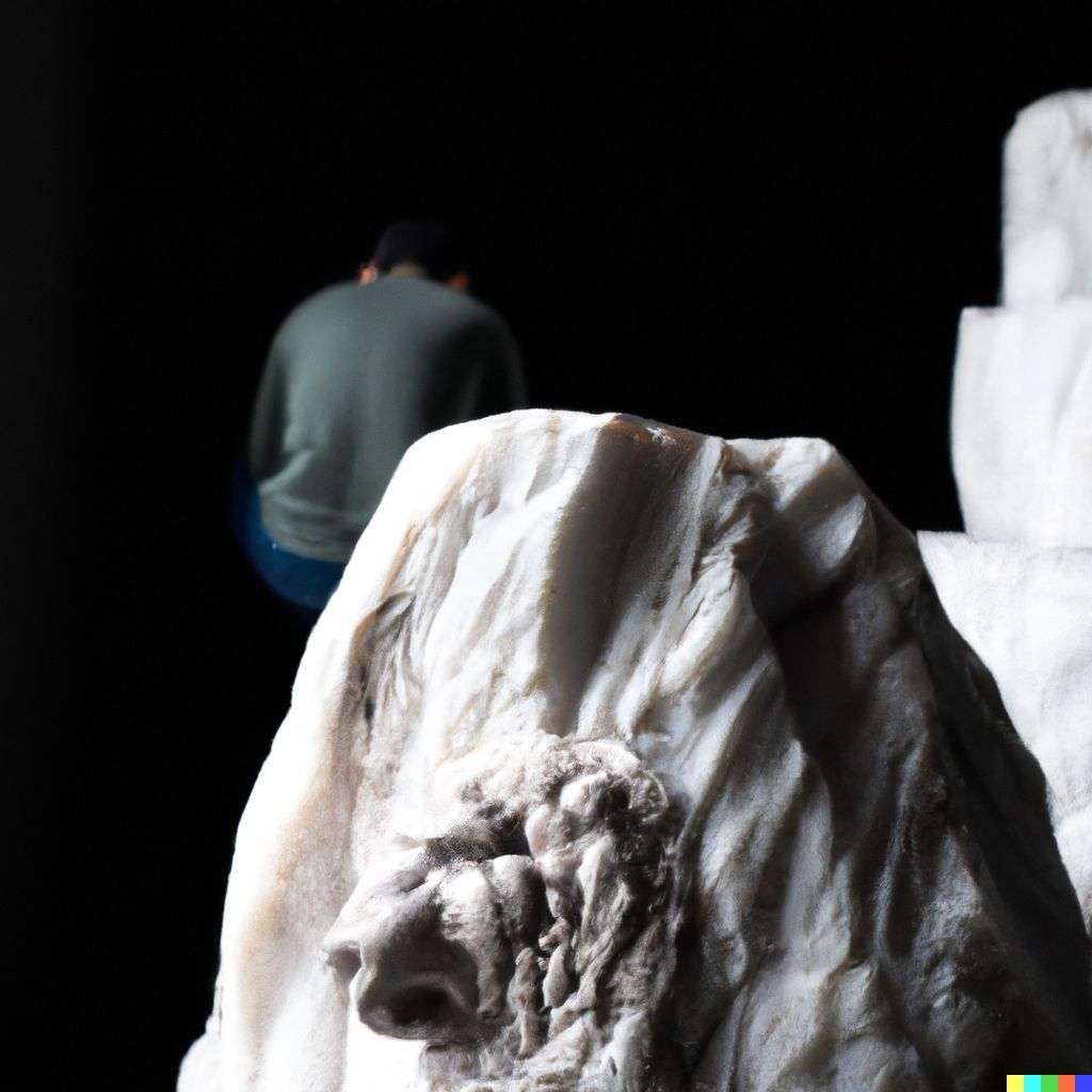 someone gazing at Mount Everest, marble sculpture